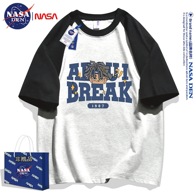 NASA联名美式潮牌印花拼接重磅纯棉五分袖T恤男女款插肩宽松短袖