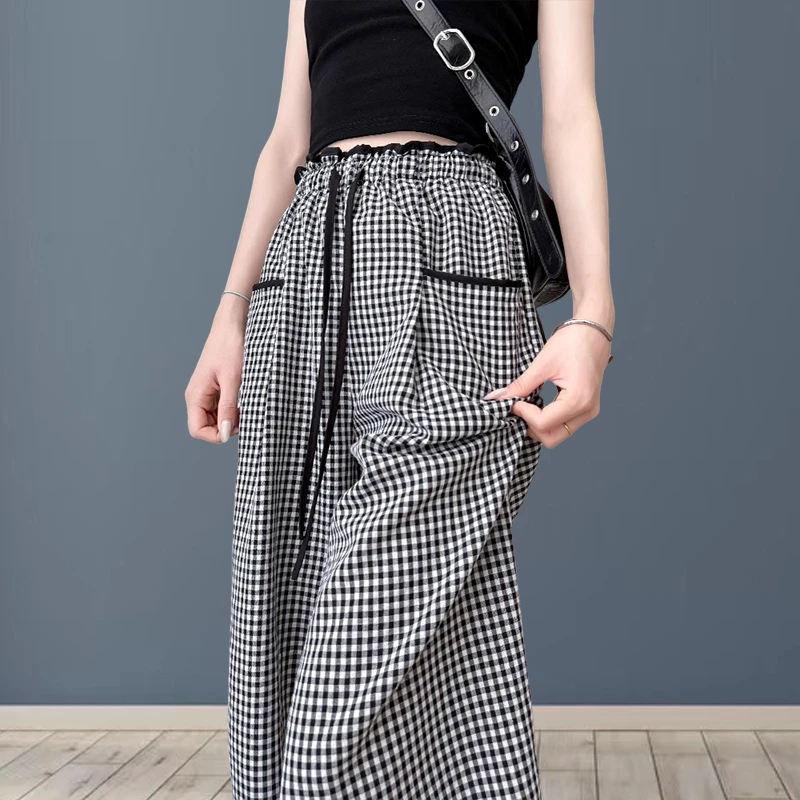 秋季2024新款黑白格纹高腰显瘦阔腿裤女垂感时尚显瘦休闲直筒裤女