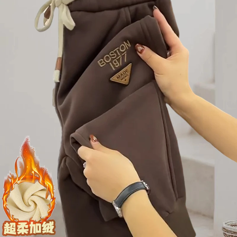 加绒加厚宝宝绒哈伦裤2023冬季新款韩版拼接刺绣百搭显瘦休闲卫裤