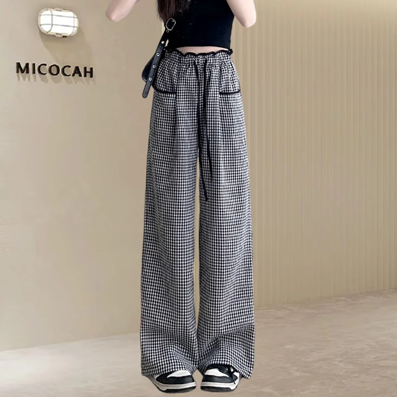 高腰显瘦黑白格纹阔腿裤女夏季2025新款时尚百搭垂感休闲直筒裤女