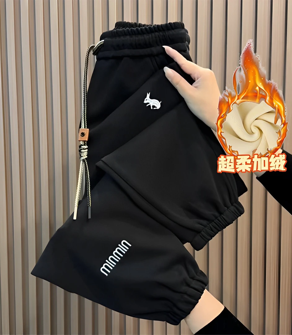 加绒加厚休闲百搭哈伦裤女2024冬季新款时尚刺绣保暖显瘦束脚卫裤