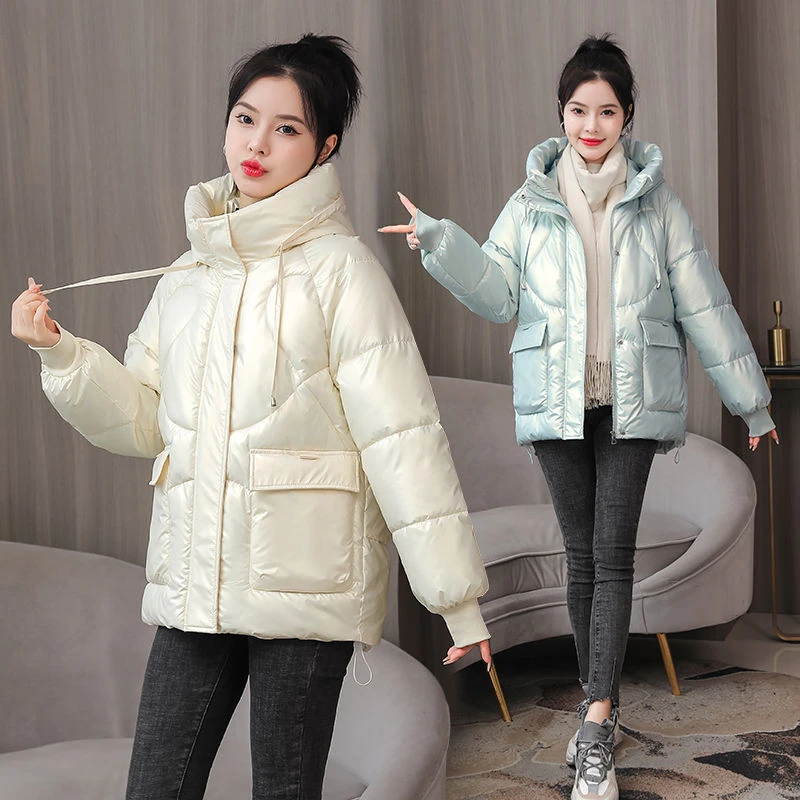 免洗亮面棉服女2023新款冬季爆款羽绒衣棉衣短款宽松连帽洋气外套
