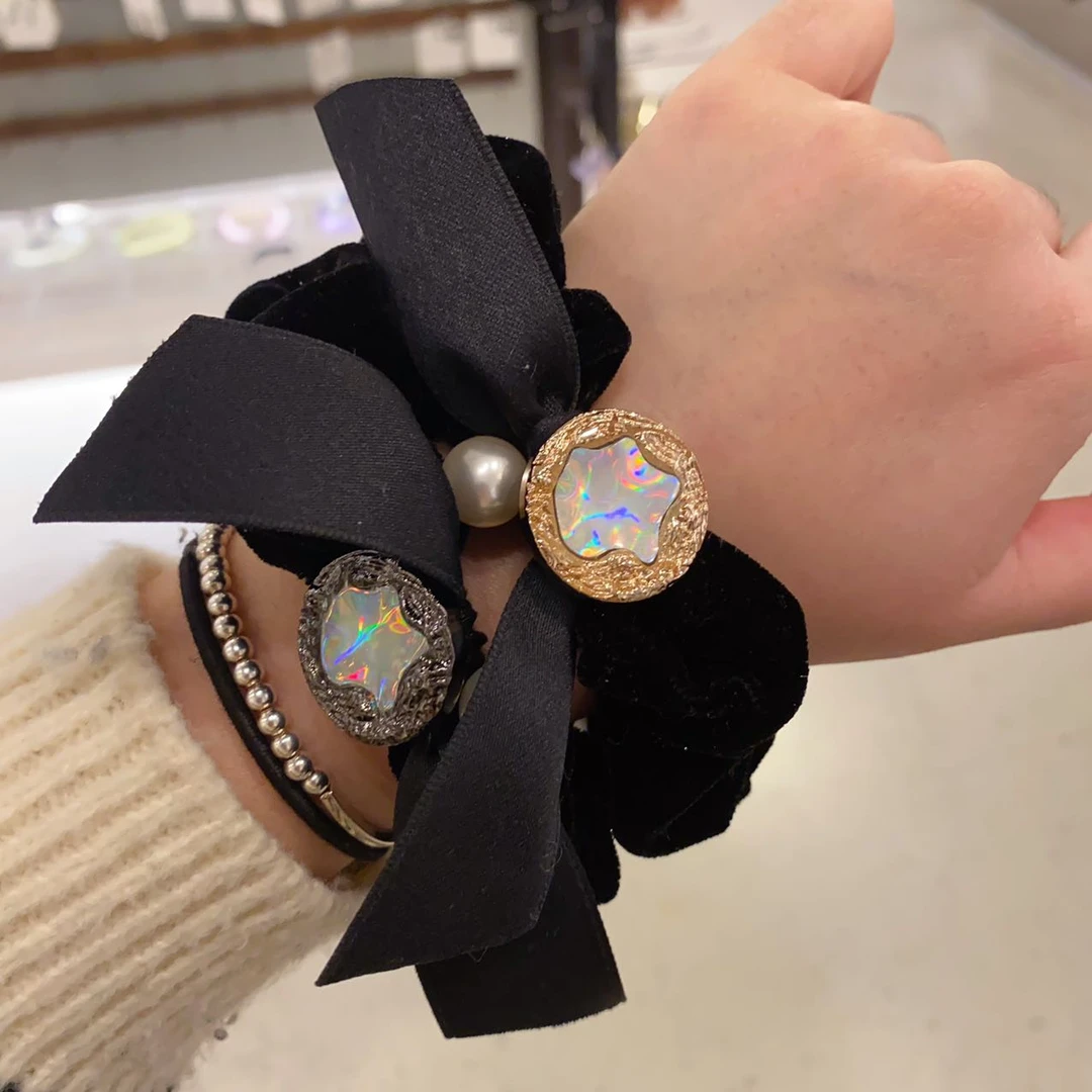 韩国东大门气质时尚丝绒圆盘贝珠珠施家小钻蝴蝶结大发圈T120314