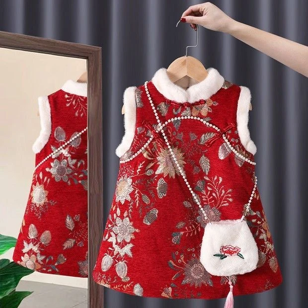 女童秋冬中国风马甲裙国风儿童唐装拜年服女童旗袍冬加厚新年装