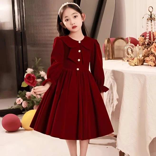 女童礼服高端秋冬儿童红色公主裙花童婚礼小女孩钢琴演出服蓬蓬裙