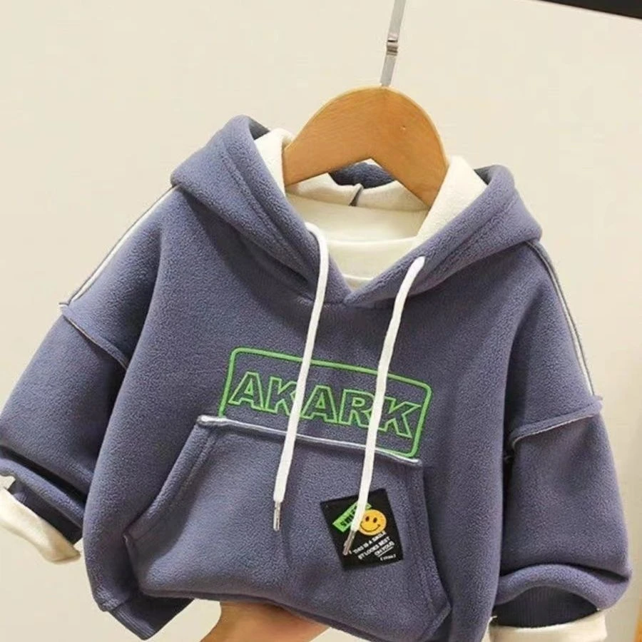 男女童加绒加厚奥粒绒卫衣秋冬款宝宝一体绒连帽上衣中小童