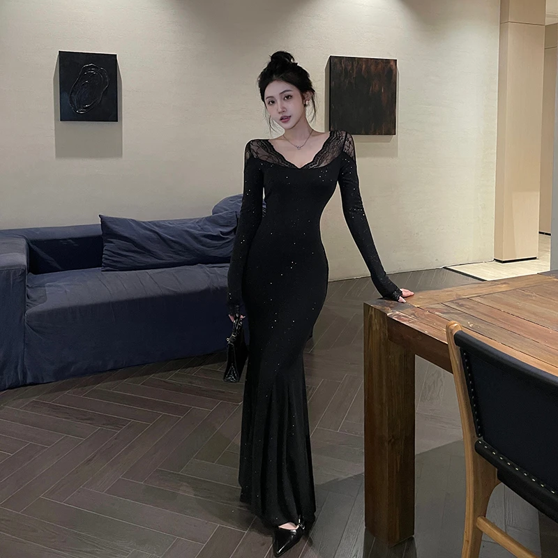 纯欲V领蕾丝拼接长袖开叉连衣裙秋冬时尚内搭名媛气质包臀鱼尾裙