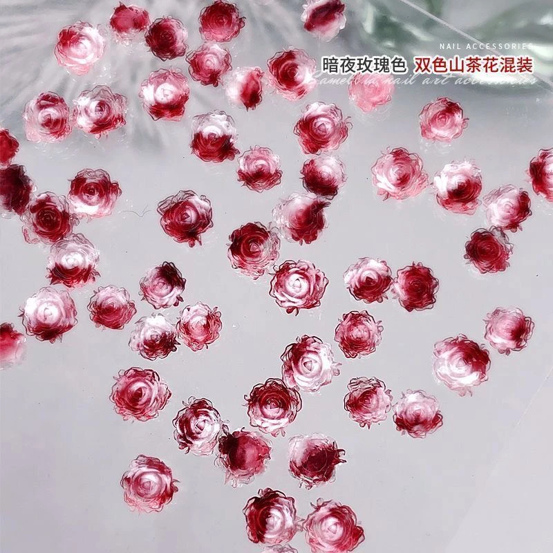 双色暗夜玫瑰山茶花美甲饰品辣妹风玫瑰花大小指甲DIY装饰钻
