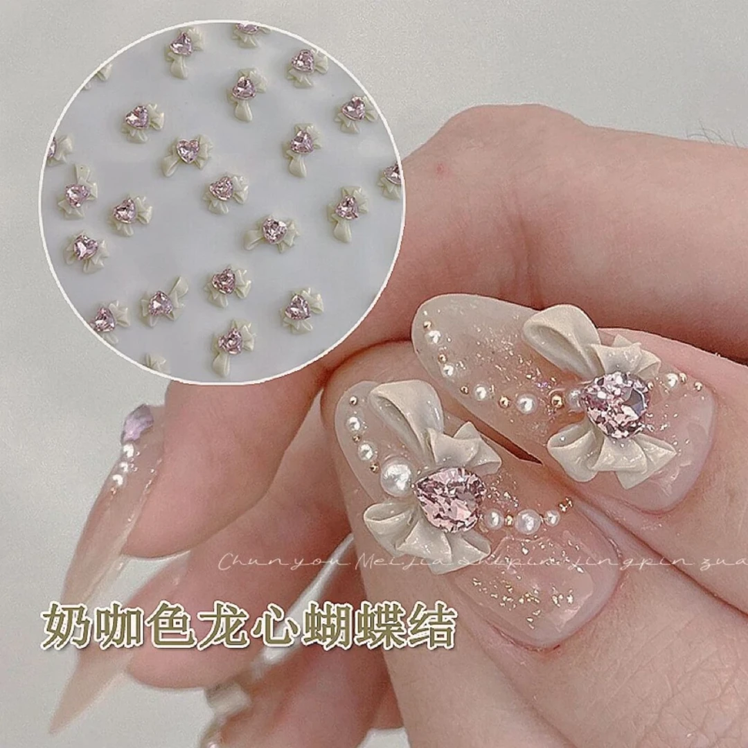 20颗混装龙心蝴蝶结美甲饰品奶咖色蝴蝶结爱心美甲钻指甲配饰