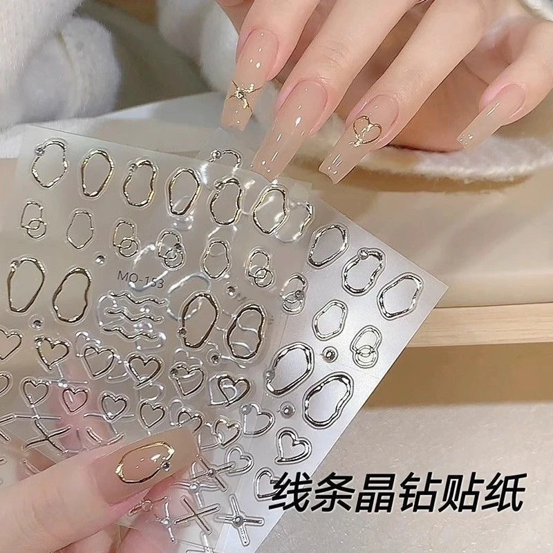 晶钻宝石框美甲贴纸新工艺镂空镜面几何框烫金爱心系指甲装饰贴纸