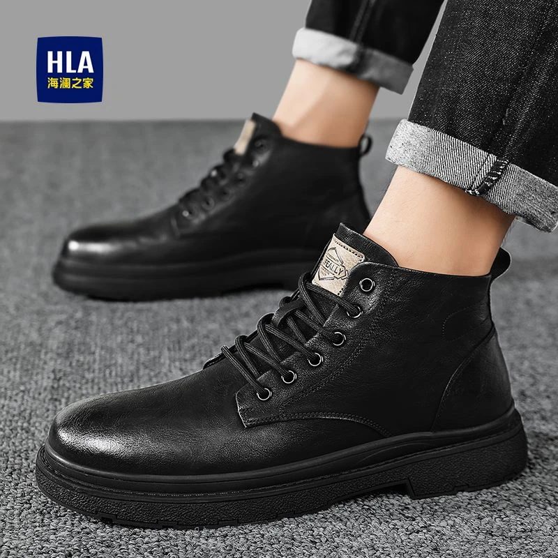 HLA/海澜之家马丁靴男2024春季新款男鞋工装靴中帮男士鞋子英伦潮