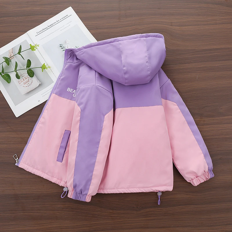 女童拼色夹棉加厚连帽冲锋衣中大童秋冬季洋气休闲百搭小女孩外套