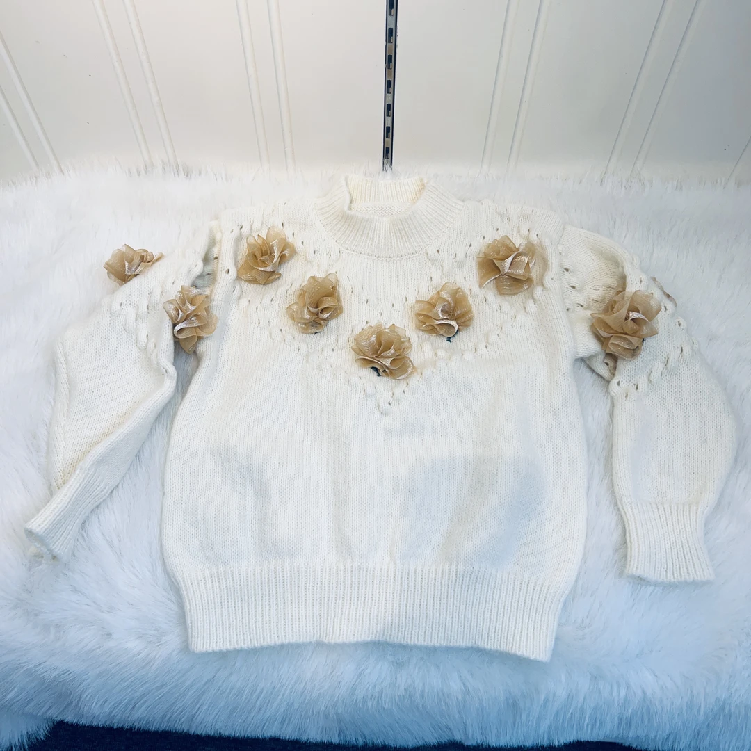 【关店清仓】女童24秋季新款原创手工花提花洋气套头毛衣