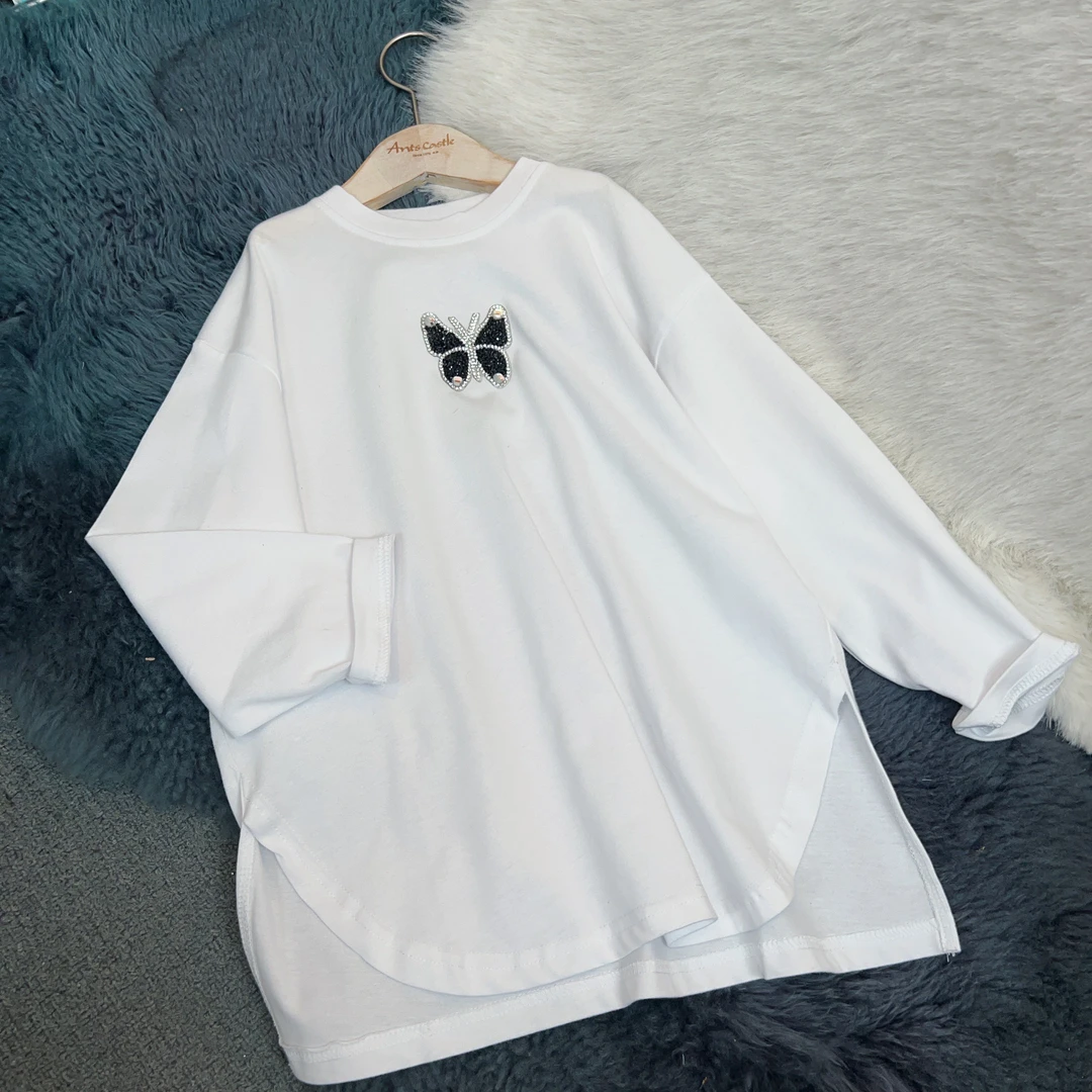 【关店清仓】女童秋季新款中长款长袖T恤蝴蝶烫钻宽松潮流上衣