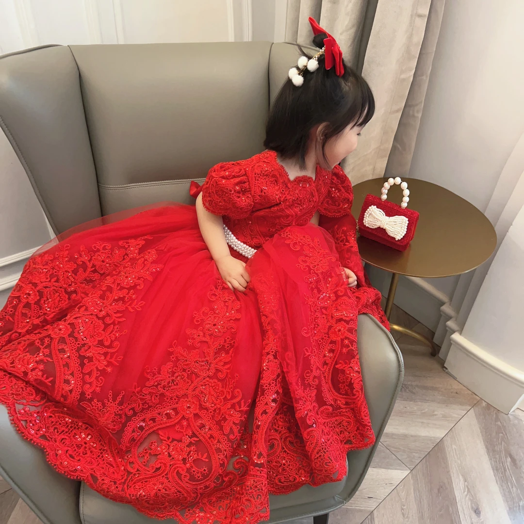 【关店清仓】高定女童礼服红色新年女孩生日花童四季公主裙