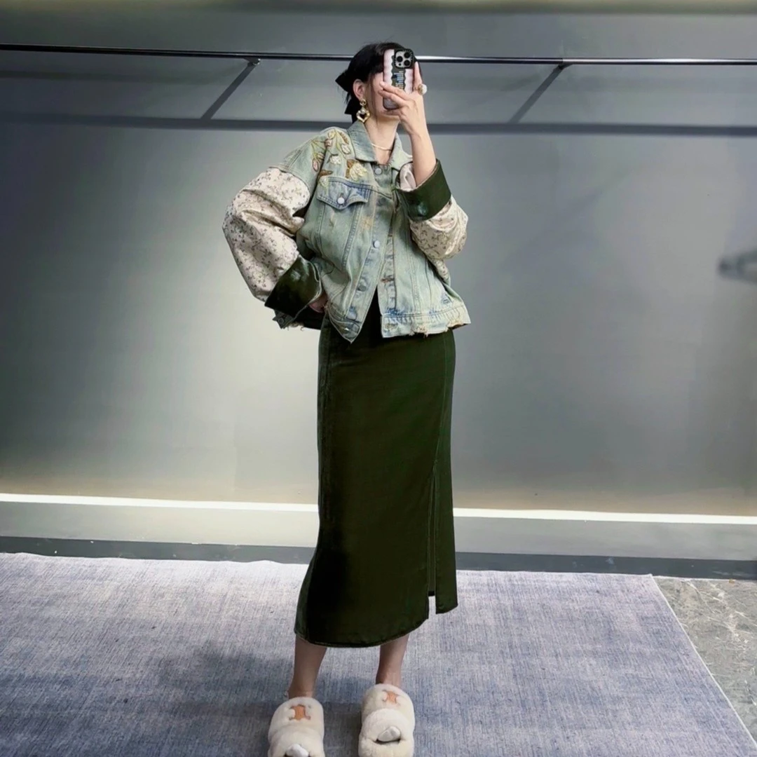 【绿染半身裙】宁掌柜春季新中式中国风丝绒半身裙 LG2L23QA2910