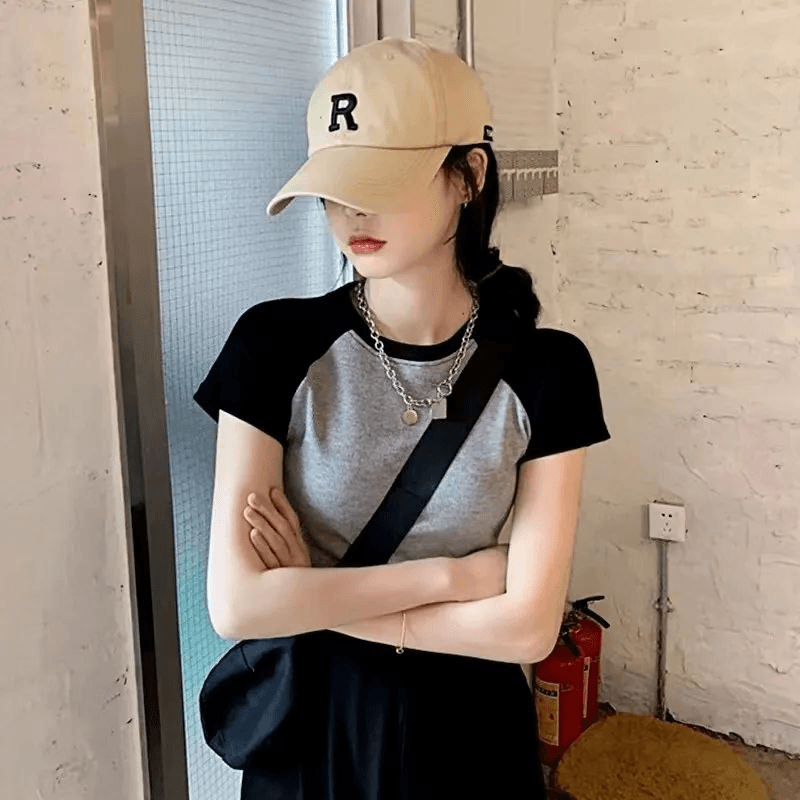 甜酷修身显瘦拼接撞色上衣女2023夏季新款短款短袖插肩袖内搭T恤