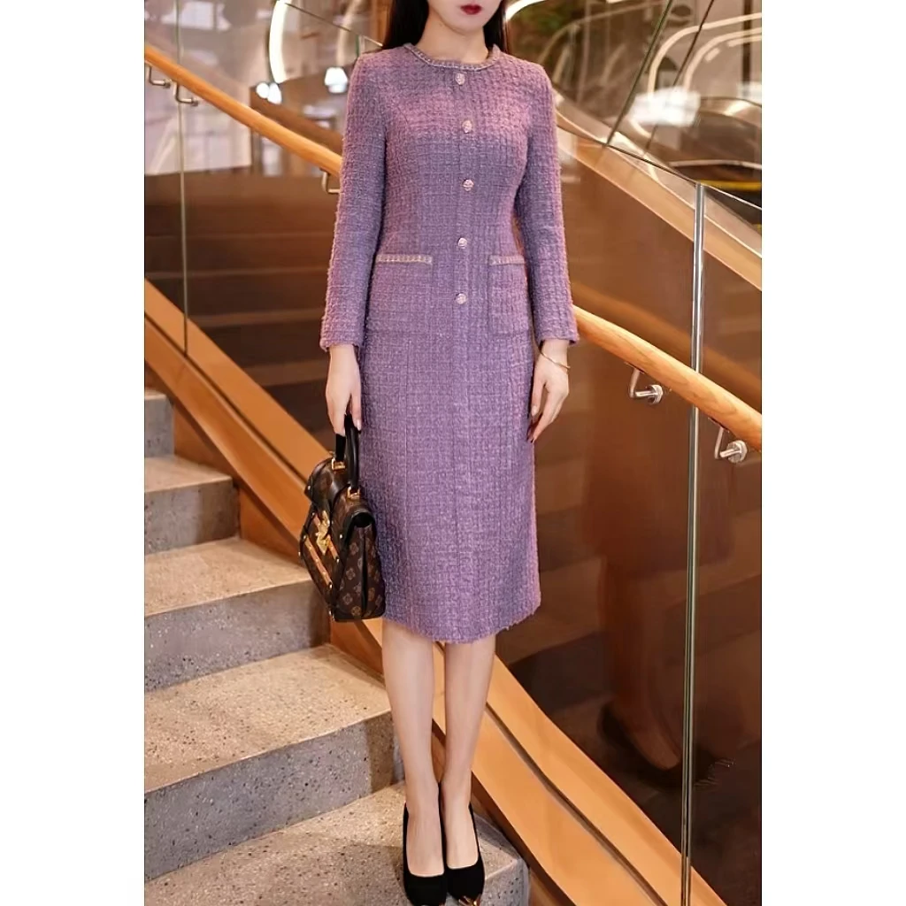 秋冬时尚小香风羊毛优雅紫连衣裙气质显瘦修身长袖连衣裙1806
