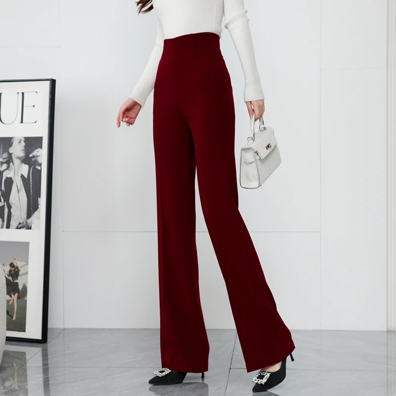 春秋侧拉链超高腰显瘦垂坠百搭时尚气质修身洋气酒红阔腿筒喇裤女