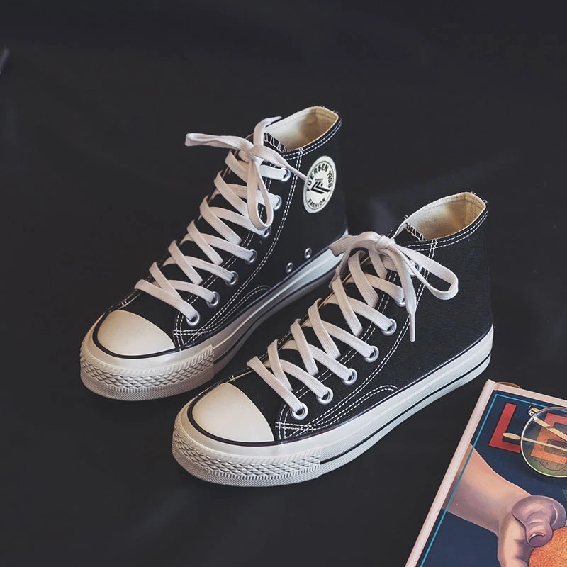 高帮帆布鞋女百搭小黑鞋女2024春秋季新款系带平底休闲板鞋 A611