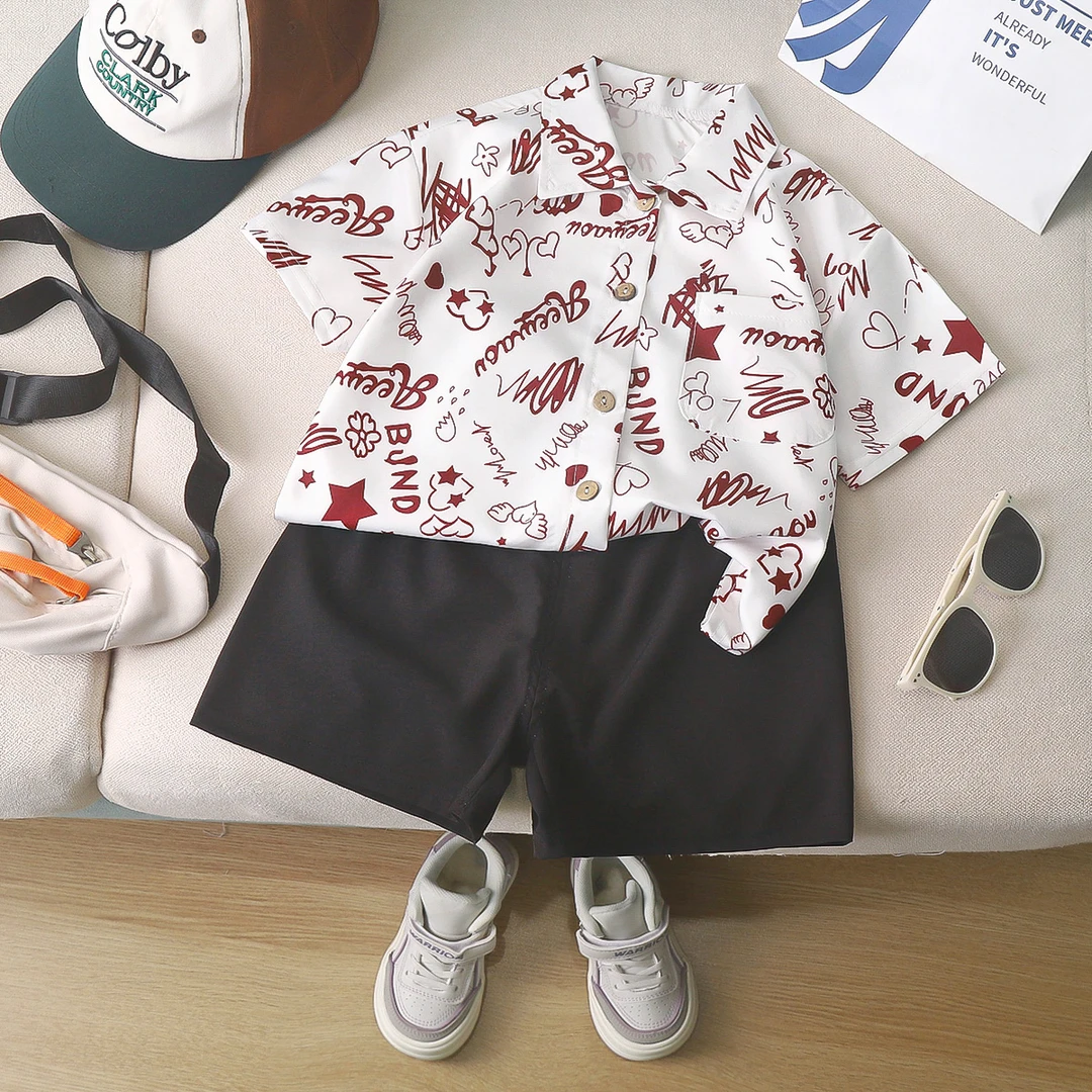 儿童衬衫套装男童夏季夏装小童薄款帅气韩版休闲男宝碎花时尚洋气