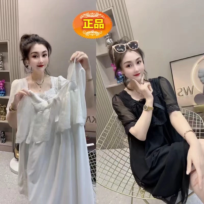 网红爆款大码家居睡裙时尚性感蕾丝半袖女士韩版宽松气质休闲睡裙