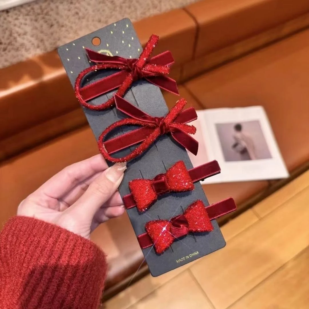闪钻蝴蝶结红丝绒发夹女气质刘海侧边夹子网红爆款鸭嘴夹新年发卡