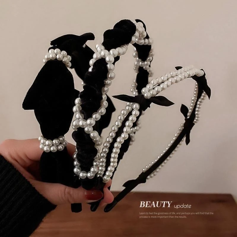 秋冬新款法式珠珠蝴蝶结发箍黑色高级感气质丝绒头箍个性简约发饰