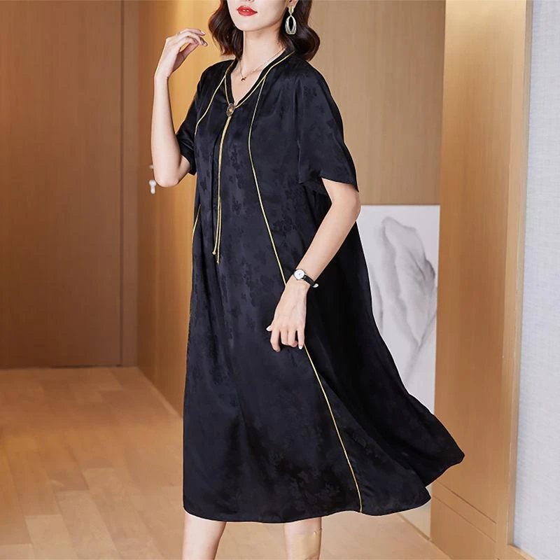 高端大码女装人丝提花连衣裙女夏季200斤胖MM宽松遮肚子显瘦A字裙