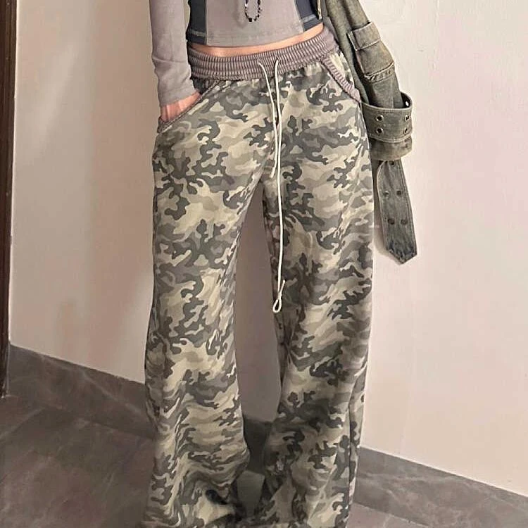 大码复古水洗迷彩休闲裤女辣妹高腰宽松百搭阔腿直筒垂感卫裤