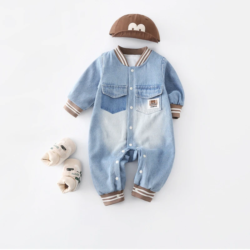 婴儿时尚衣服春秋装牛仔连体衣双层长袖卡通男宝宝洋气外出爬服