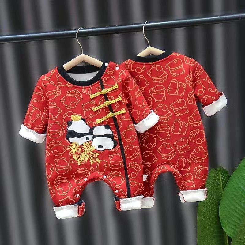 新生婴儿衣服加绒保暖哈衣秋冬季洋气宝宝连体衣加厚保暖拜年爬服