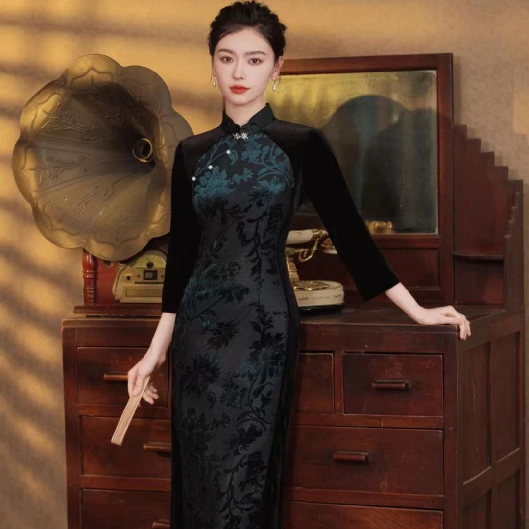 【知君梦晚】春秋款复古国风千金气质拼接显瘦修身改良旗袍MJ 8029