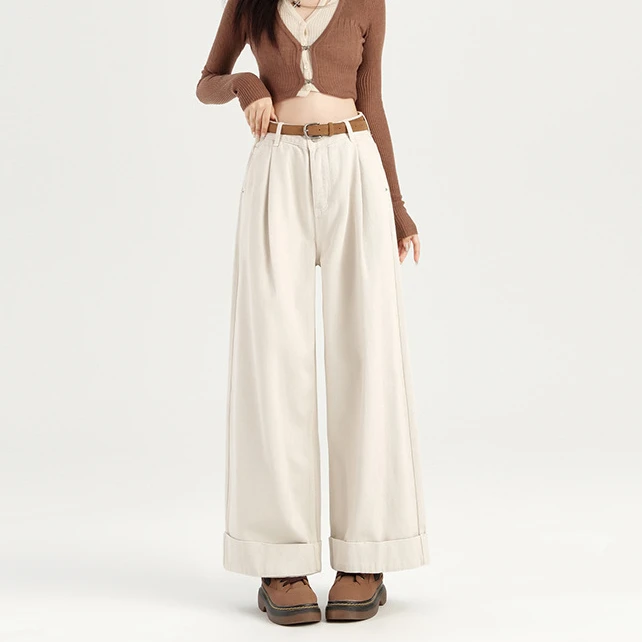 春秋爆款时尚法式洋气直筒卷边牛仔裤女高质量高腰显高显瘦阔腿裤