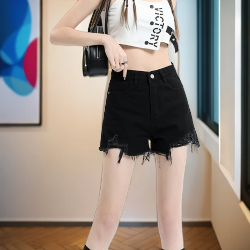 辣妹款黑色毛边牛仔短裤大码宽松直筒裤夏季薄款破洞高腰百搭热裤