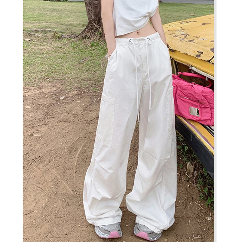 夏季高档高腰阔腿裤女抽绳直筒拖地长裤白色宽松显瘦时尚薄款长裤