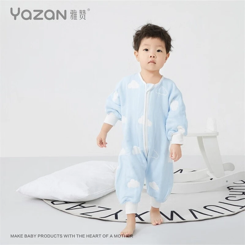 雅赞婴儿睡袋秋冬六层纱布竹棉长袖分腿宝宝四季防踢被儿童