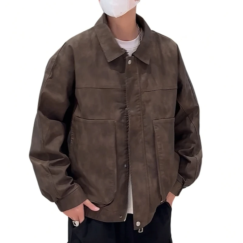 [TANGYUAN]皮衣潮流男士休闲百搭复古翻领美式短款加绒秋冬外套