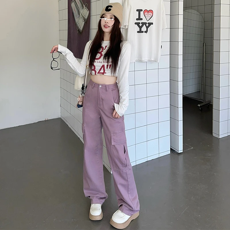 爆款工装直筒窄版裤超好看酱紫色和粉红色长裤加长高腰工装裤春秋