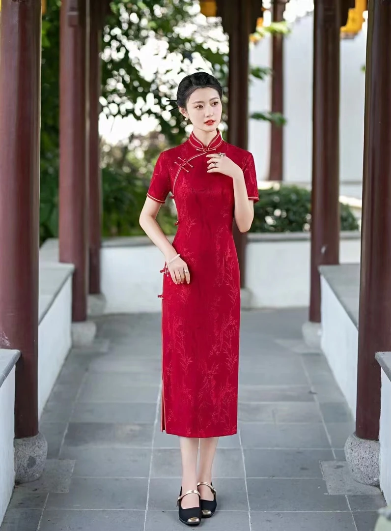 红黛云裳【南乔】夏季新款开叉旗袍时尚修身走秀优雅中国风女士