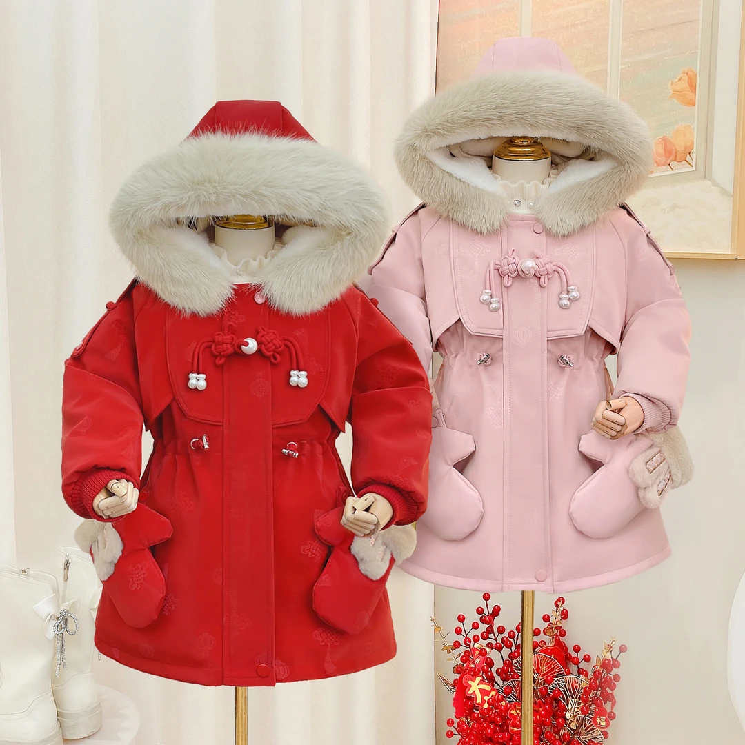 女童派克服2024新款盘扣中国风红色加绒加厚皮派克T3530007531