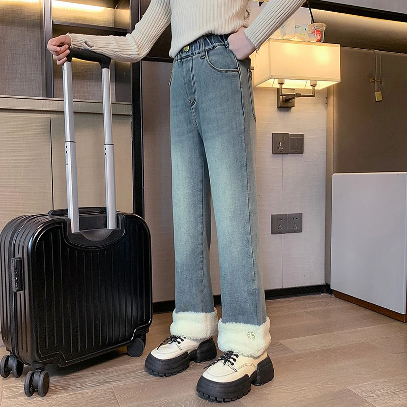 女童牛仔裤2023冬季新款儿童加绒加厚直筒裤女孩裤子T3561603449