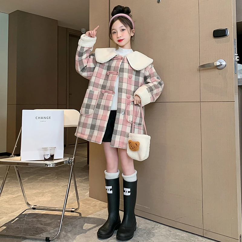 女童外套2023秋冬新款大童加绒加厚毛呢大衣儿童冬装T3543507149
