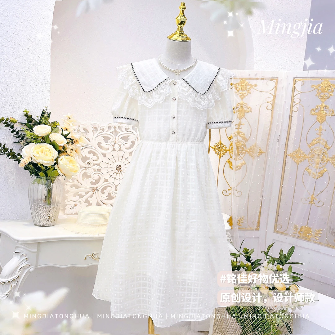 女童2024夏季新款泡泡袖中大童华夫格雪纺蕾丝连衣裙T2230001475