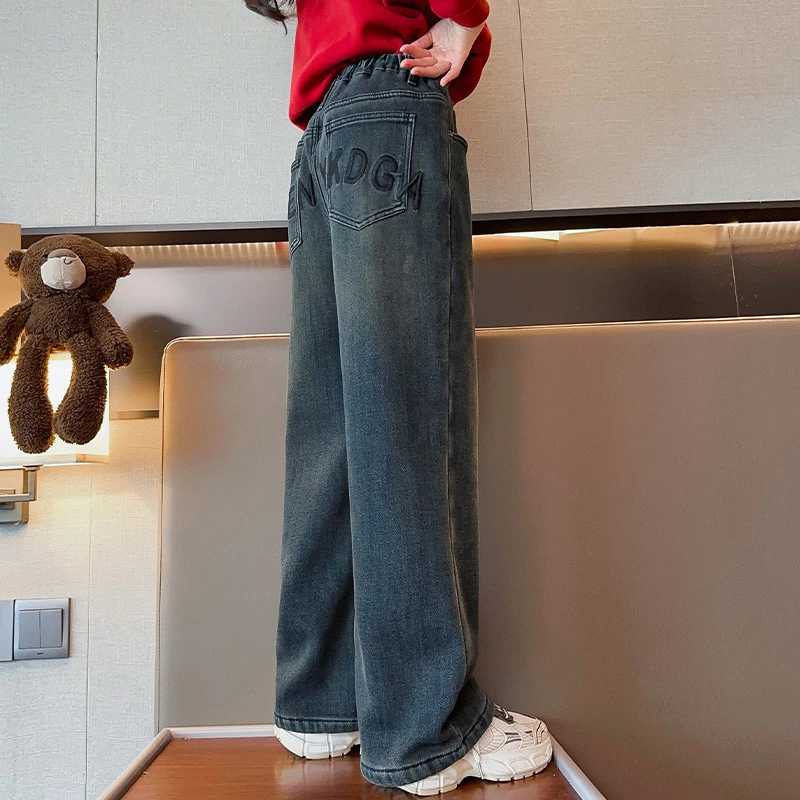 女童牛仔裤冬装2023冬季新款儿童加厚一体绒阔腿裤裤T3574103383