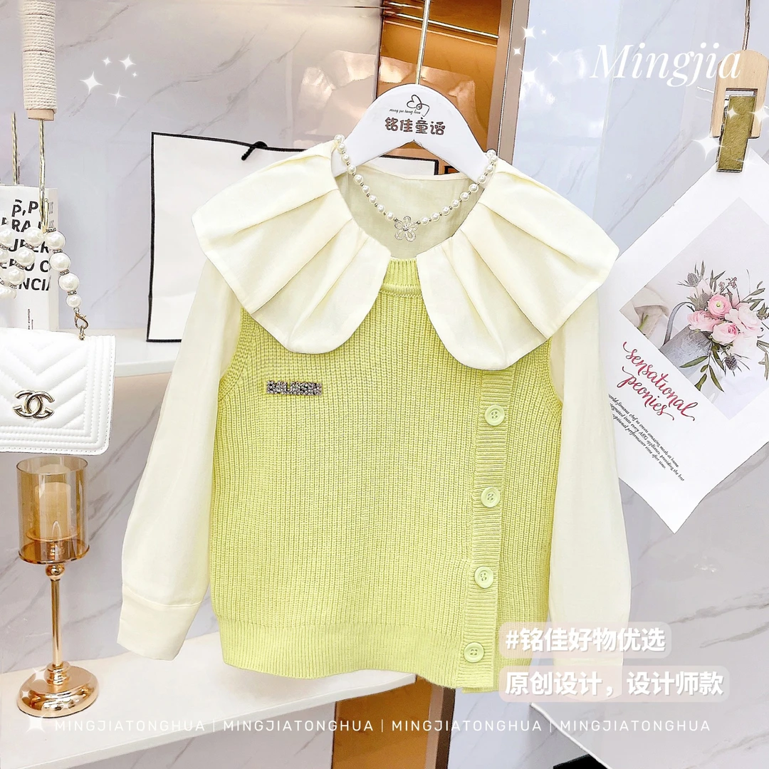 女童套装春装2025春季新款中大童洋气娃娃领衬衫马甲两件套ZH623