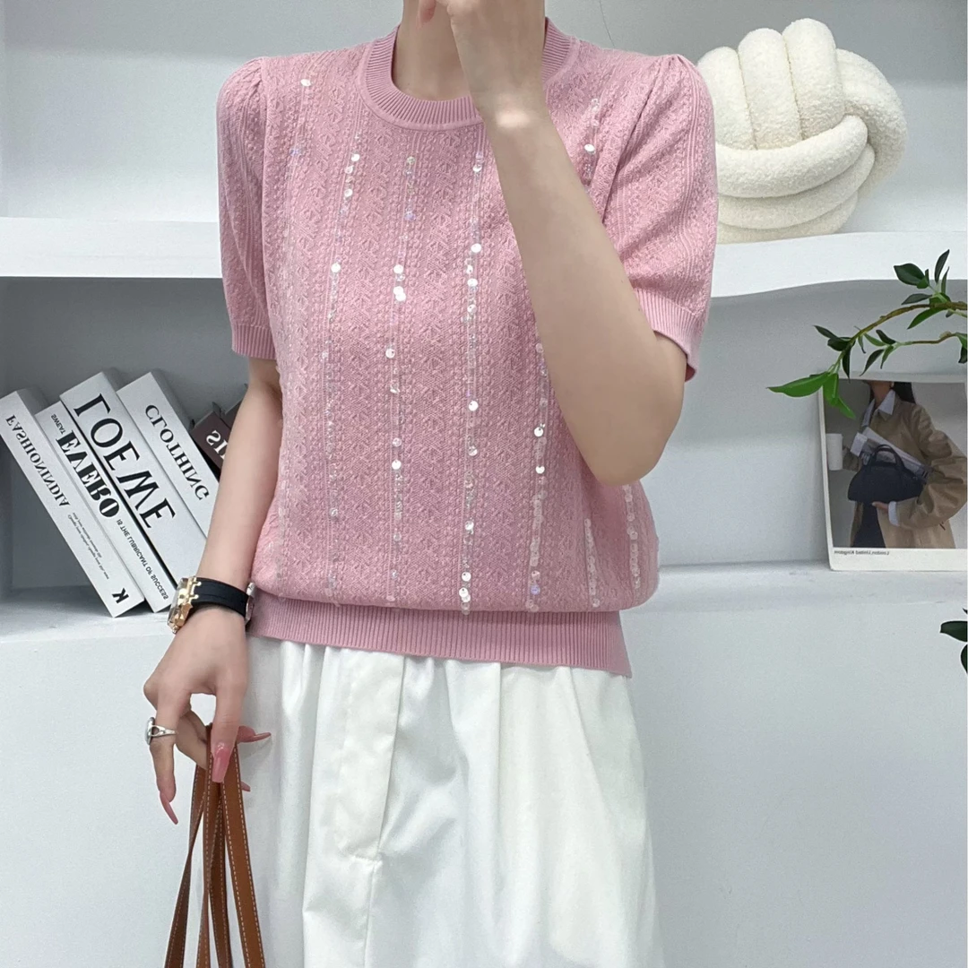 【女人专庭】2024新款圆领针织显瘦百搭珠片宽松短袖YB-KDK55130