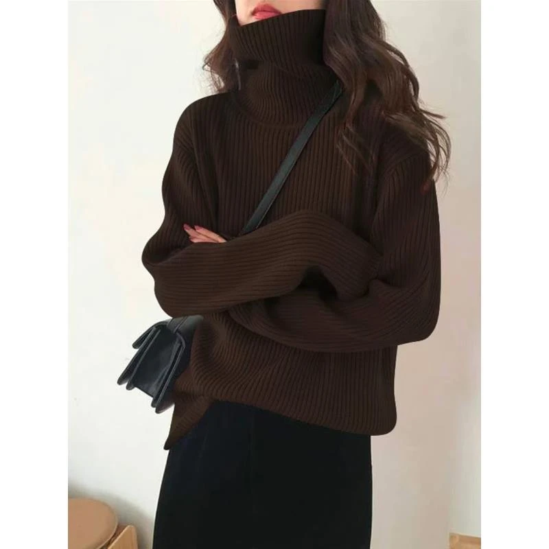 3480新款高领毛衣女秋冬加厚慵懒风套头坑条毛衣内搭打底