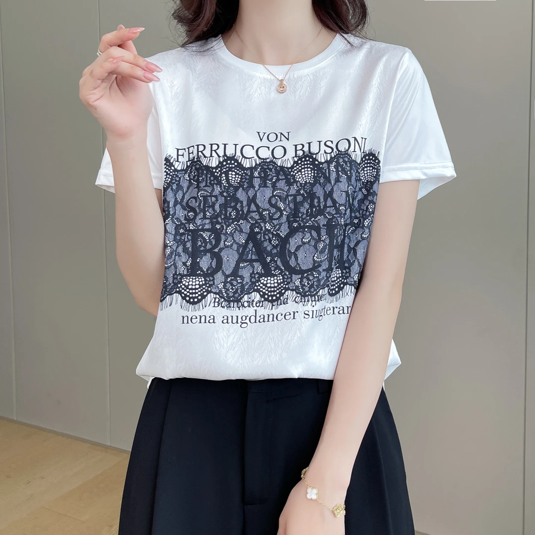 1409夏季时尚圆领短袖女显瘦气质百搭显瘦缎面拼接短袖