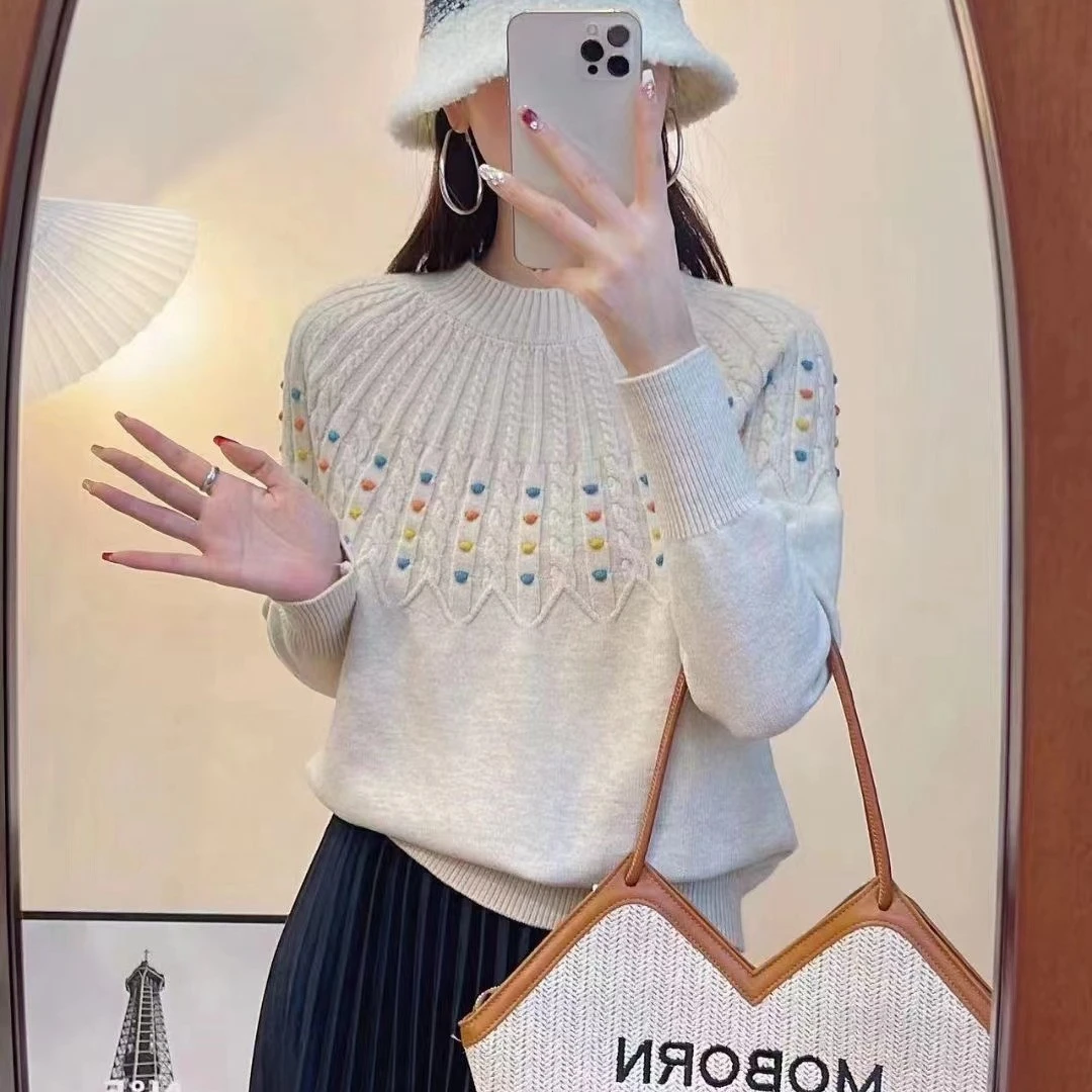 5025复古慵懒风加厚圆领毛衣女秋冬新款慵懒风宽松显瘦针织衫